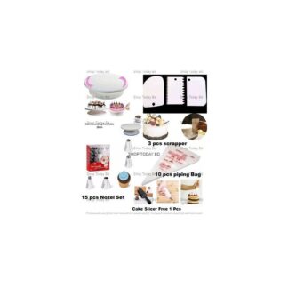 Cake Decorating Turntable - 28 cm +12 pieces Cake decoration Nozzle set + 10 Piping Bags + 3 pcs scrapper combo pack of 4 items