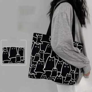 Trendy Top Handle Cute Panda Design Black Color With Mini Pouch Tote Canvas Bag Shopping Bag / College / University Bag, Tote Bag, Canvas Bag with Zipper 2in1 Comboo