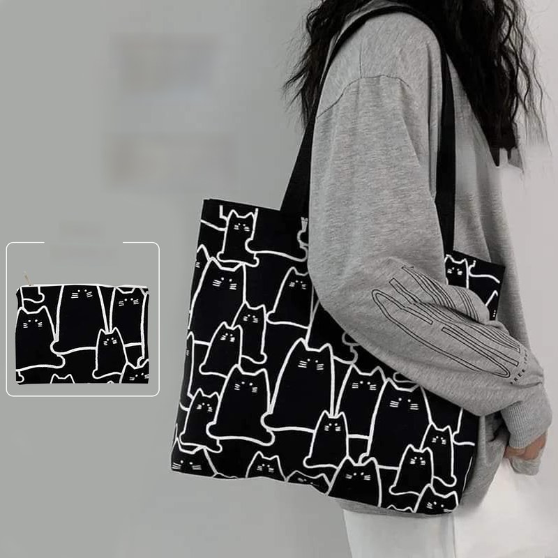 Trendy Top Handle Cute Panda Design Black Color With Mini Pouch Tote Canvas Bag Shopping Bag / College / University Bag, Tote Bag, Canvas Bag with Zipper 2in1 Comboo