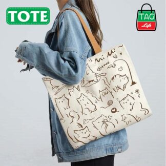 TandG Canvas Zipper Tote Bag with Cute Cats Design for Women Trendy Off-White