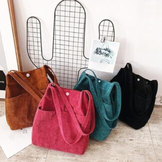 Trendy Corduroy Tote Bag with Top Handle & Outside Pocket – Multi-Color for Students