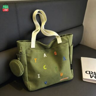TAG Lifestyle Exclusive Design embroidery Canvas Tote Bag, Fashionable Top Handle With four Outside Pockets Trendy Fashionable Tote Bag for University, College Students Girls And W
