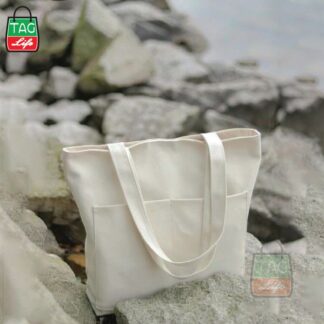 Canvas Tote Bag with Zipper and Outside Big Pockets Off White Color for Trendy fashionable Girls/Stylish Canvas Tote Bag for Women