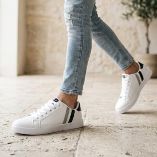 Men's Trendy White Leather Sneakers Exclusive Design Lace Up Casual Shoes Durable Rubber Sole Comfortable Walking Footwear Modern Street Style Gift