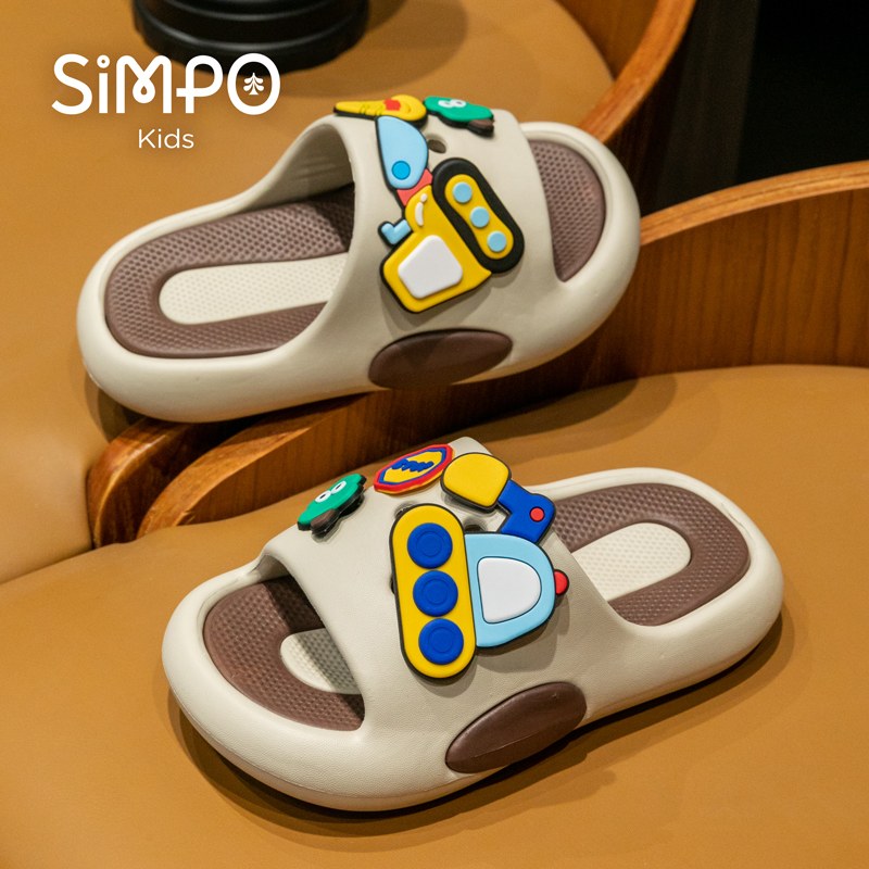Boys' Toddler Bathroom Indoor Slippers Slides Excavator Charms Soft Sole Non-Slip Kids Sandals Boys and Girls Slippers Footwear