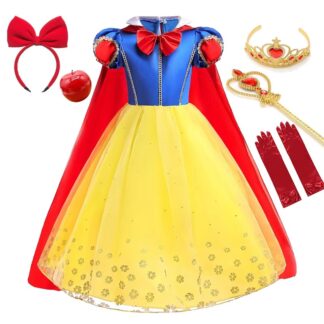 Summer Deluxe Princess Snow White Gown with Cape Girls Fairy Kids Cosplay Costume Toddler Carnival Apparel Halloween Dress up
