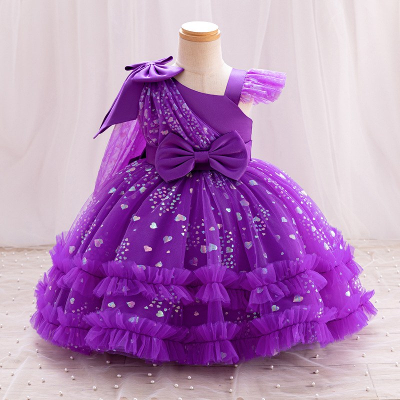 New Single Shoulder Bow Girl's Princess Dress Children's Day Performance Evening Dress Birthday Party Girl's Baby Dress