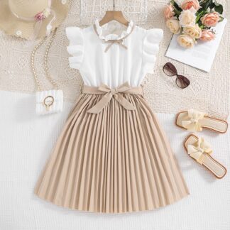 Kids Dress For Girls White Petal Sleeves Pleated Khaki Skirt &Bow tie Preppy Style Elegant Birthday Party Clothes For 8-12 Years