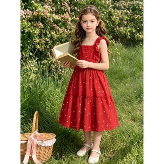 Kids Dresses for Girls 5-12T Red Lace Square Neck Polka Dot Dress New Summer Fashion Baby Princess Wedding Party  Costume