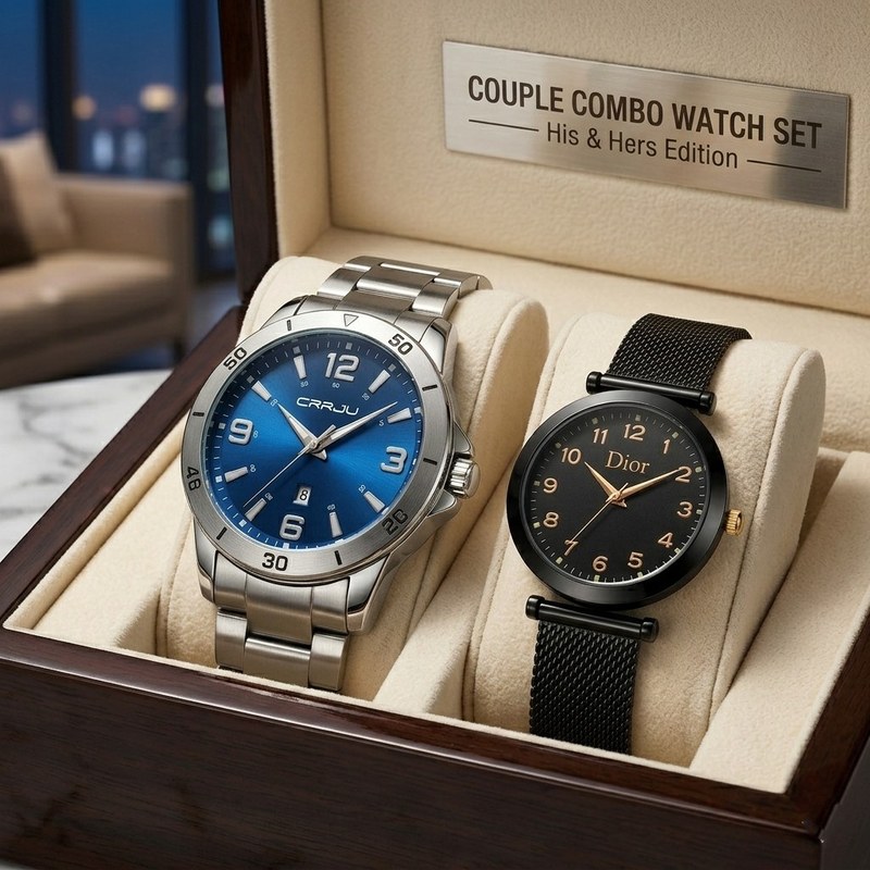 Couple Combo Watch Set – CRRJU 5003 Silver Blue Dial Men’s Watch with Date + Dior Magnetic Ladies Watch