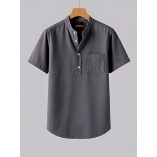 New Mens short sleeve Solid Color Stand Up Collar Shirt Summer Trendy Breathable Loose Youth Basic Cotton Pocket Top