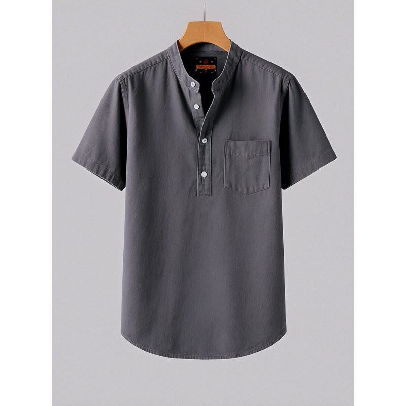 New Mens short sleeve Solid Color Stand Up Collar Shirt Summer Trendy Breathable Loose Youth Basic Cotton Pocket Top