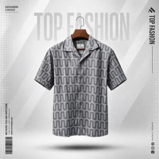 Top Fashion Premium Grey Geometric Pattern Cuban Collar Half Sleeve Shirt for Men