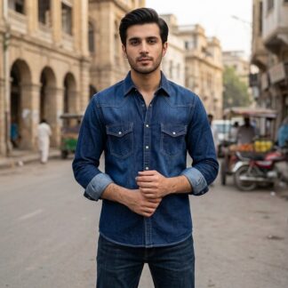 Navy Blue Denim Long Sleeve Casual Shirt for Men