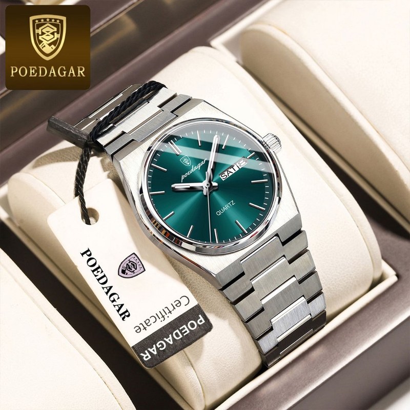 POEDAGAR 930 Men's Luxury Stainless Steel Quartz Watch – Luminous Dial with Date & Day Display
