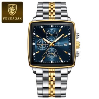 POEDAGAR 866 Square Men’s Watch, Stainless Steel Quartz, Waterproof, Luminous, Date