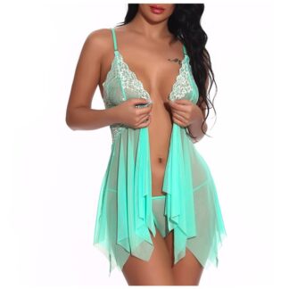 【Hot New Release】 Women’s Deep V Neck Babydoll Nightdress – Lace, See-Through, Floral Sleepwear