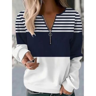 Women's quarter-zip pullover with stripes, suitable for street wear, daily use, printed casual style, round neck, long sleeve, s