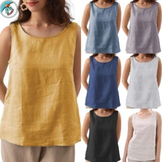 Women’s Summer Top in Cotton Linen – Scoop Neck Sleeveless Blouse for Travel, Beach, and Home