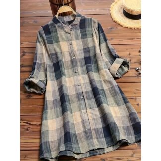 Plus Size Women’s Colorblock Grid Print Button Up Roll Up Sleeve Blouse Women Fashion Shirt