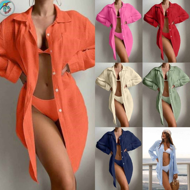 Casual Women’s Beach Kimono – Long Sleeve, Button Front, Sheer Fabric