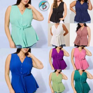 Women’s Micro Cherry Button Down Casual Top – Lightweight Sleeveless Blouse with Waist Tie Accent