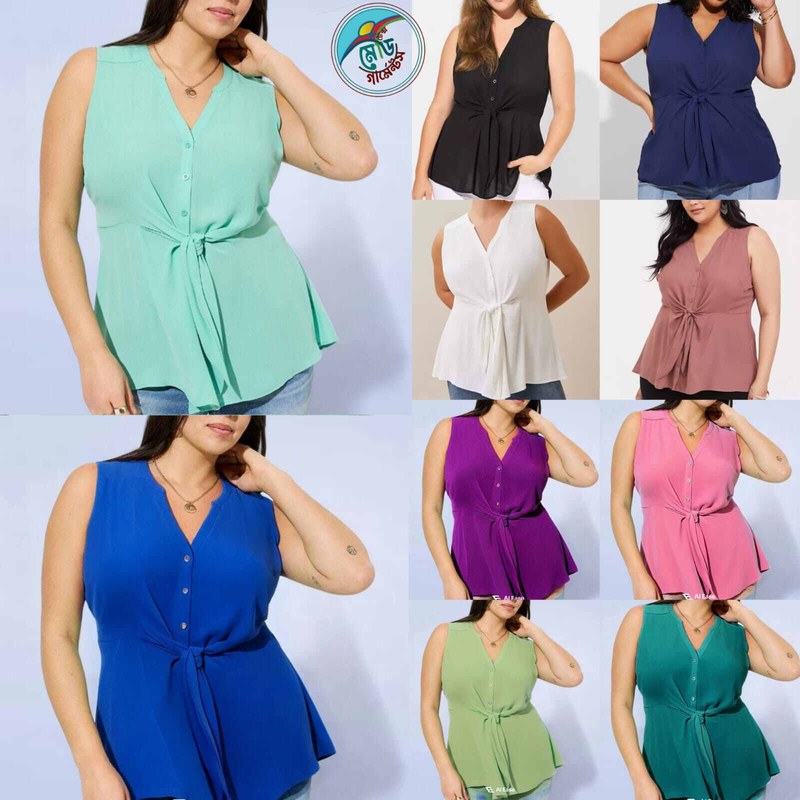 Women’s Micro Cherry Button Down Casual Top – Lightweight Sleeveless Blouse with Waist Tie Accent