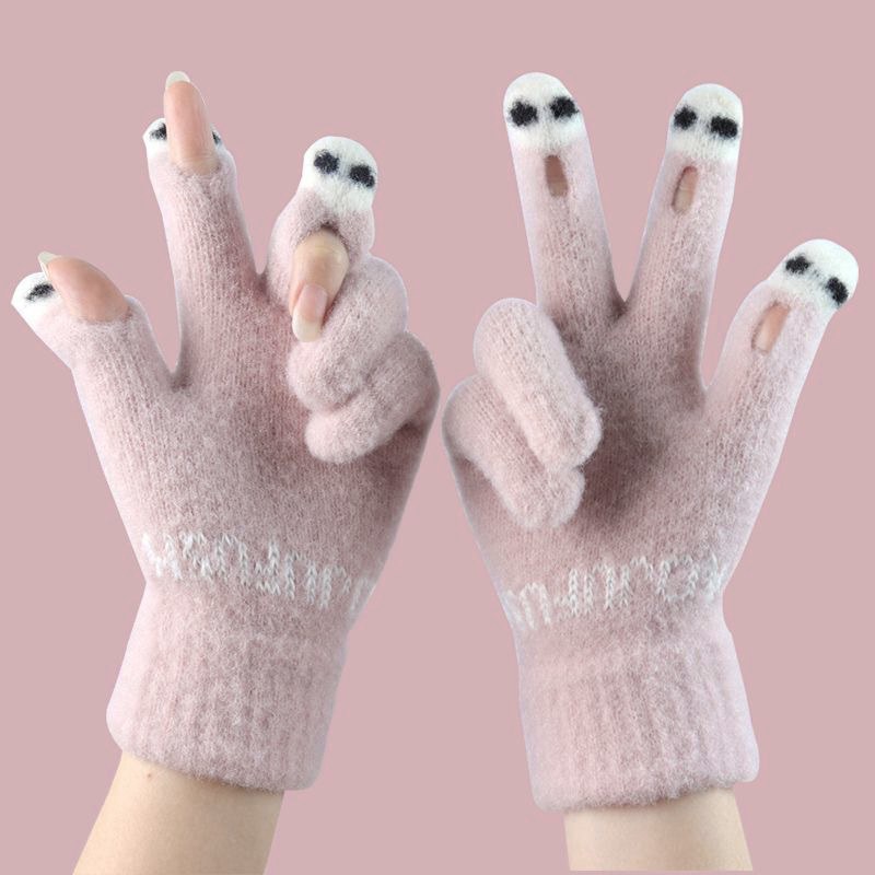 1Pair Fashionable New Women S Gloves Cute Yarn Knitted Versatile Cartoon Gloves Mountaineering Gloves