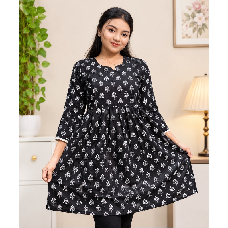 Women's Pure Cotton Printed Short Kurti | Trendy One Piece Short Kamiz | Soft Slub Cotton Casual Ethnic Dress | Black Ghol Jama Regular Wear Round Kurti