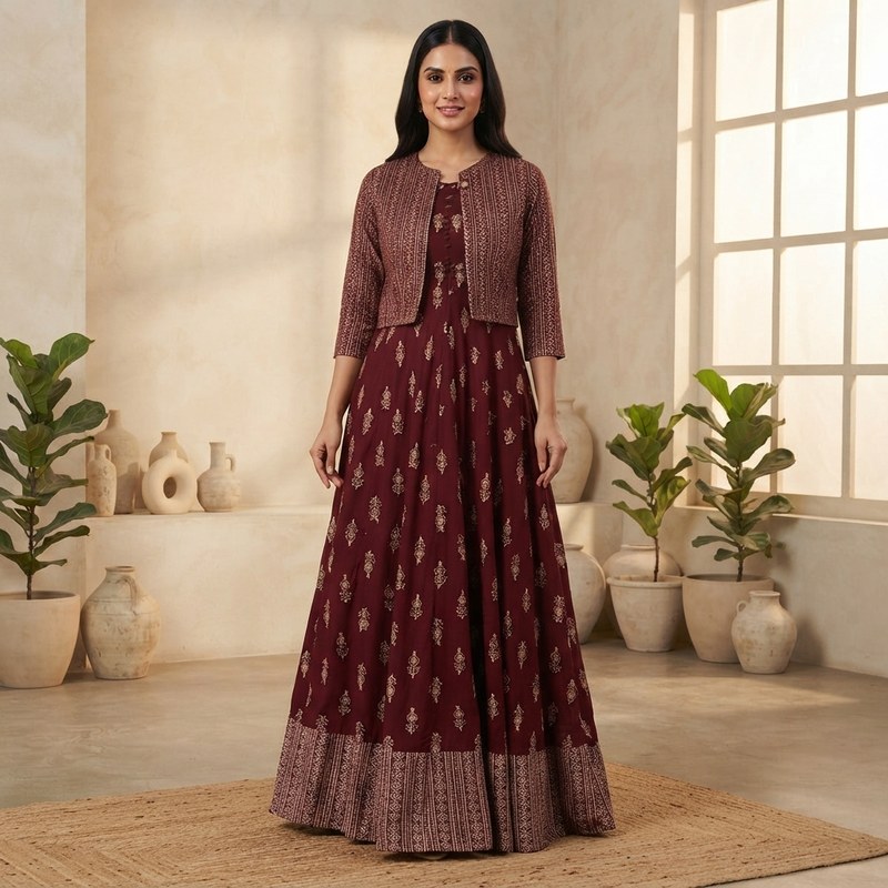 China Linen Fabric Long Kurti With Stylish Koti For Womens Designer Gown Comfortable Party Casual Fashion Wear Outfit