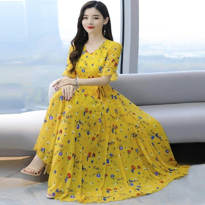 Stylish High Quality Long Kurti For Women Short Sleeve Yellow China Linen Screen Print Casual Party Beach Wear Dress