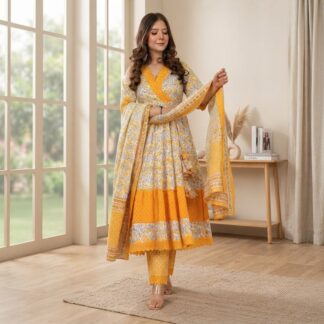 Womens Linen Readymade Three Piece Gown Style Suit Yellow Floral Print Elegant All Season Wear